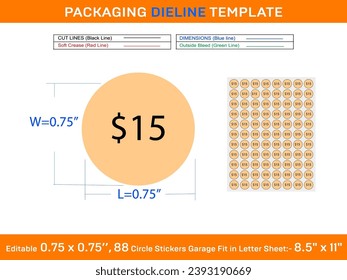 Circle $15 price stickers garage sale labels fit in letter sheet editable 88 pcs 0.75 x 0.75 inch resizeable vector file
