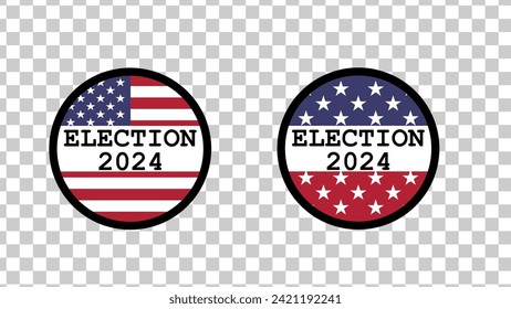 circle 2024 elections ping or badge with us american flag. US, USA, american election, voting sign. 2024 presidential election. Responsible voting badge or pin. Vector illustration