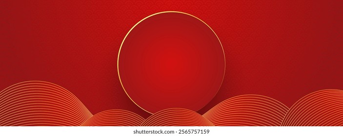 Circle 2025 Chinese new year, year of the snake banner template design with waves and gold line background.