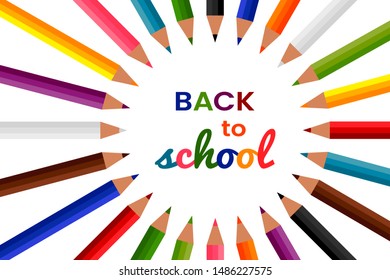 Circle of 24 colored pencils with “Back to school” inscription. Twelve colors bright crayons, flat cartoon design. Writing implement, school supplies. Isolated on white background. Vector illustration