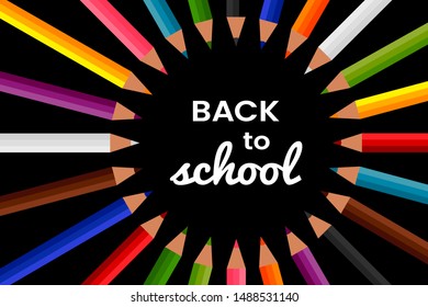 Circle of 24 colored pencils with “Back to school” inscription. Twelve colors bright crayons, flat cartoon design. Writing implement, school supplies. White on black background. Vector illustration