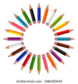Circle of 24 colored pencils in the shape of a sun. Twelve colors bright crayons with erasers,flat cartoon design. Writing implement, school supplies. Isolated on white background. Vector illustration