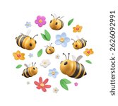 Circle with 3d bees, flowers buds and leaves. Round pattern with plasticine summer elements. Cartoon insects flying in abstract bloom. Vector illustration. Apiculture print, beekeeping label.