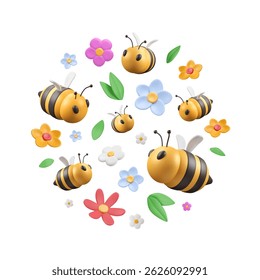 Circle with 3d bees, flowers buds and leaves. Round pattern with plasticine summer elements. Cartoon insects flying in abstract bloom. Vector illustration. Apiculture print, beekeeping label.