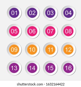 Circle 3d icon set with number bullet point from 1 to 16. - Vector.