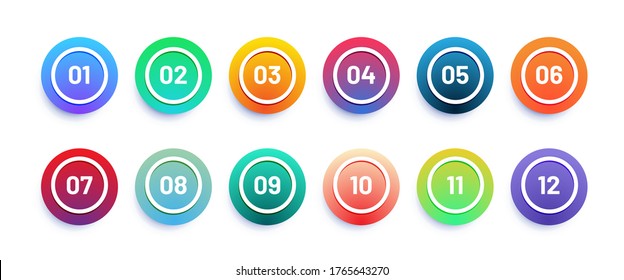 Circle 3d icon set with number bullet point from 1 to 12. Trendy gradient colors