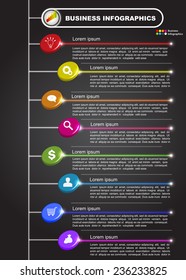 Circle 3D with Icon and Text Information, Colorful Glow Lines, Financial and Business Infographic, Icon and Text Information Design on Black Background. 8-Step Hierarchy. Vector Illustration.