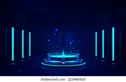 Circle 3D stage in futuristic lab. Concept Hologram, Magic portal, teleport, podium for show product. Futuristic cyberpunk lab and portal with light, glow, neon effect. 3D stage, podium. Vector sci-fi