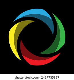 Circle with 4 color segments. Red, Green, Blue and Yellow triangles with dark part inside rotate in circle.