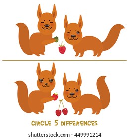 circle 5 differences Educational Game for Preschool Children Picture puzzle: Find the five differences between the two pictures Funny squirrel with raspberry cherry berries on white background. Vector