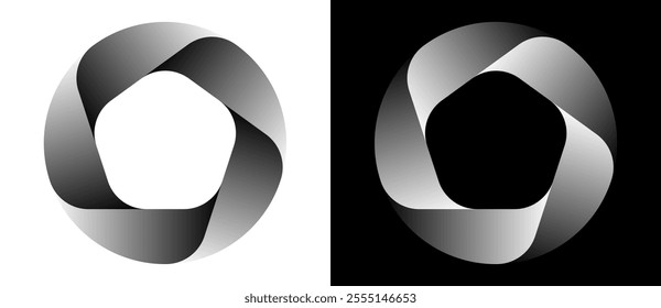 Circle with 5 segments and gradients. Logo or icon for any project. Dark shape on a white background and shape with inverted gradient on the black side.