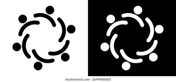 Círculo com 6 figuras como ícone ou logotipo. Conceito de equipe. Figura preta em um fundo branco e a mesma figura branca no lado preto.