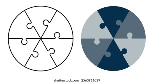 Circle of 6 pieces blue triangular puzzles. Editable Stroke. Creativity, inspiration, logical thinking.