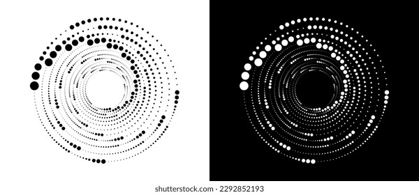 Circle abstract background  with dynamic halftone dots in spiral. Black shape on a white background and the same white shape on the black side.