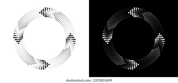 Círculo del fondo abstracto con puntos de semitono dinámicos como flechas. Forma negra sobre un fondo blanco y la misma forma blanca sobre el lado negro.