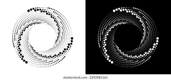 Circle abstract background  with dynamic halftone dots in spiral. Black shape on a white background and the same white shape on the black side.