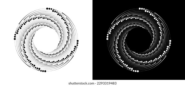 Circle abstract background  with dynamic halftone dots in spiral. Black shape on a white background and the same white shape on the black side.