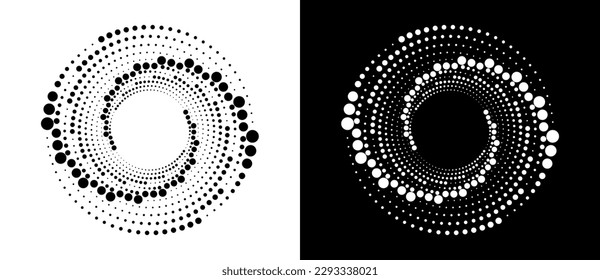 Circle abstract background  with dynamic halftone dots in spiral. Black shape on a white background and the same white shape on the black side.