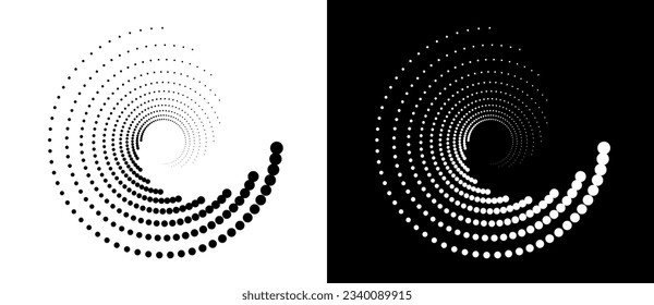 Circle abstract background  with dynamic halftone dots in spiral. Black shape on a white background and the same white shape on the black side.