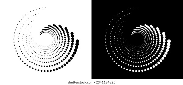 Circle abstract background  with dynamic halftone dots in spiral. Black shape on a white background and the same white shape on the black side.