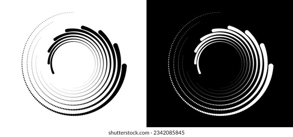 Circle abstract background  with dynamic halftone dots in spiral. Black shape on a white background and the same white shape on the black side.