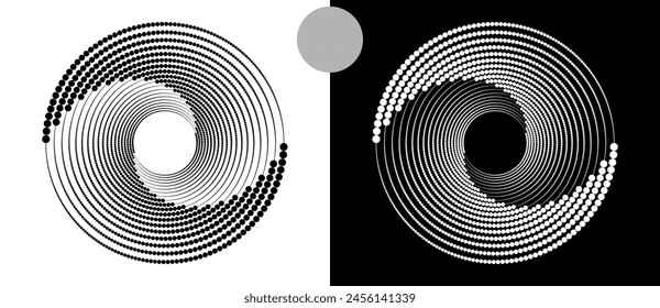 Circle abstract background with dynamic halftone dots in spiral. Black shape on a white background and the same white shape on the black side.