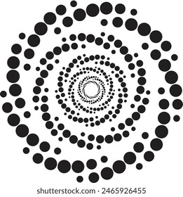 Circle abstract background with dynamic halftone dots in spiral. Black shape on a white background and the same white shape on the black side.
