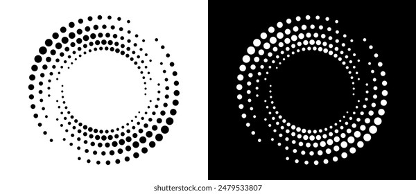 Circle abstract background with dynamic halftone dots in spiral. Yin and yang style. Black shape on a white background and the same white shape on the black side.