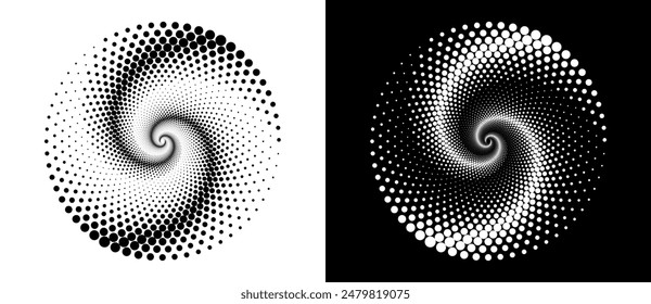 Circle abstract background with dynamic halftone dots in spiral. Yin and yang style. Black shape on a white background and the same white shape on the black side.