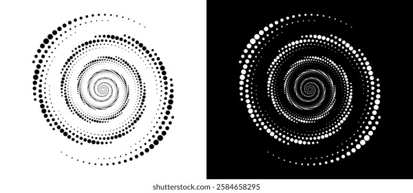 Circle abstract background with dynamic halftone dots in spiral. Black shape on a white background and the same white shape on the black side.