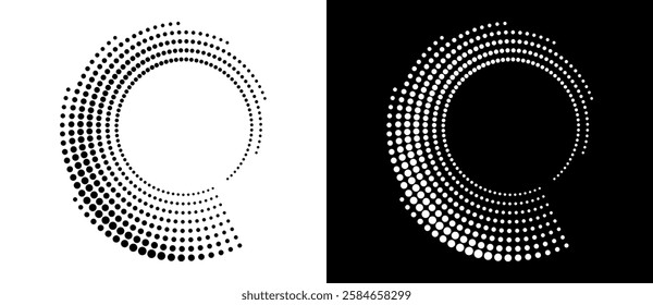 Circle abstract background with dynamic halftone dots in spiral. Black shape on a white background and the same white shape on the black side.