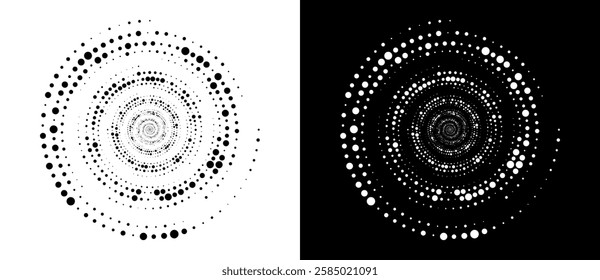 Circle abstract background with dynamic halftone dots in spiral. Black shape on a white background and the same white shape on the black side.