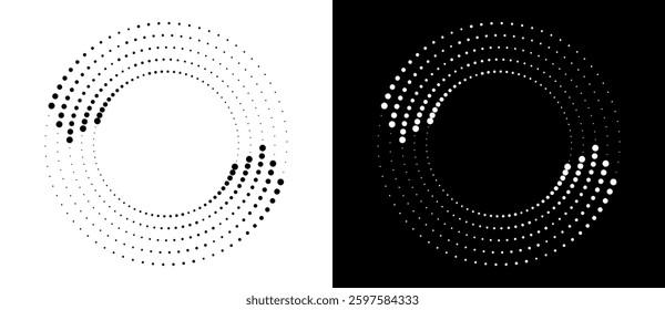 Circle abstract background with dynamic halftone dots like arrows. Black shape on a white background and the same white shape on the black side.