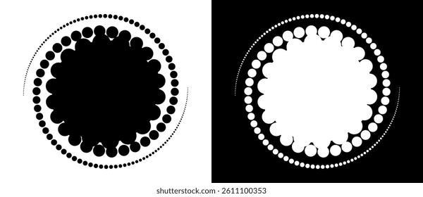 Circle abstract background with dynamic halftone dots in spiral. Yin and yang style. Black shape on a white background and the same white shape on the black side.