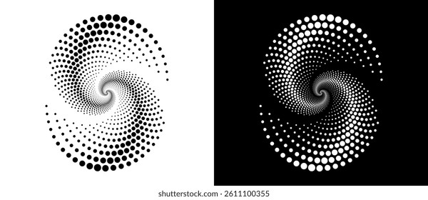 Circle abstract background with dynamic halftone dots in spiral. Yin and yang style. Black shape on a white background and the same white shape on the black side.