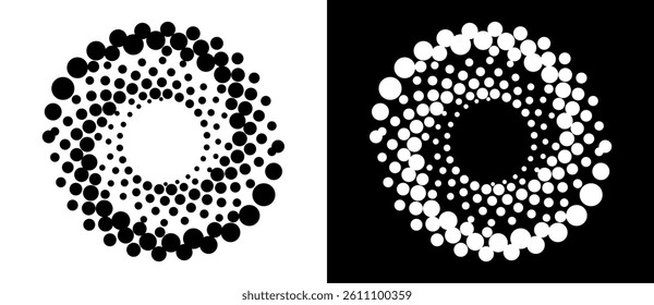 Circle abstract background with dynamic halftone dots in spiral. Yin and yang style. Black shape on a white background and the same white shape on the black side.