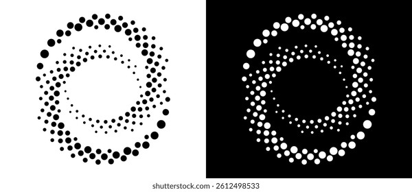 Circle abstract background with dynamic halftone dots in spiral. Yin and yang style. Black shape on a white background and the same white shape on the black side.