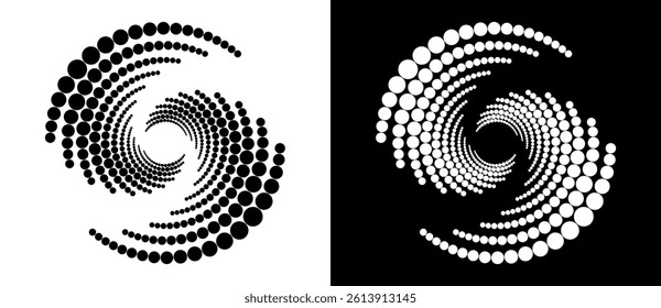 Circle abstract background with dynamic halftone dots in spiral. Yin and yang style. Black shape on a white background and the same white shape on the black side.