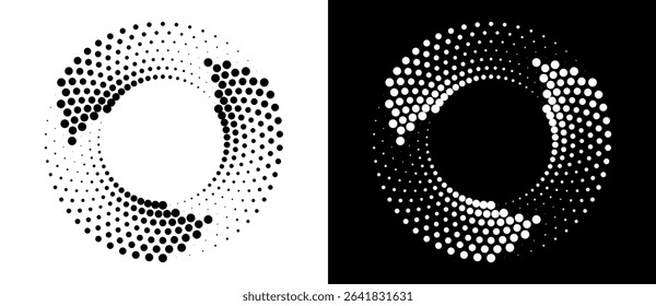 Circle abstract background with dynamic halftone dots like arrows. Black shape on a white background and the same white shape on the black side.