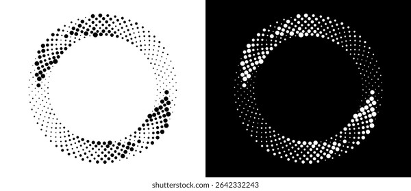 Circle abstract background with dynamic halftone dots like arrows. Black shape on a white background and the same white shape on the black side.