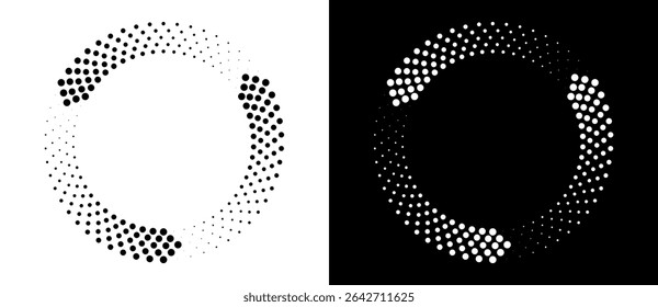 Circle abstract background with dynamic halftone dots like arrows. Black shape on a white background and the same white shape on the black side.