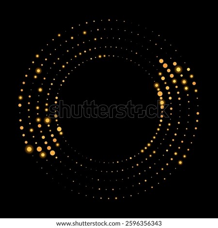 Circle abstract background with dynamic halftone dots like arrows. Golden dots on the black background.