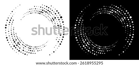 Circle abstract background with dynamic halftone dots in spiral. Yin and yang style. Black shape on a white background and the same white shape on the black side.