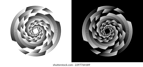 Circle abstract background  with dynamic lines in spiral. Black shape on a white background and the same white shape on the black side.