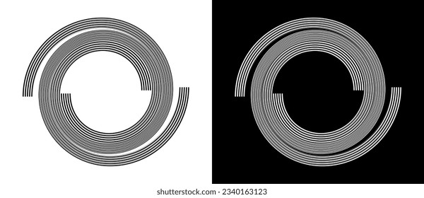 Circle abstract background  with dynamic lines in spiral. Black shape on a white background and the same white shape on the black side.