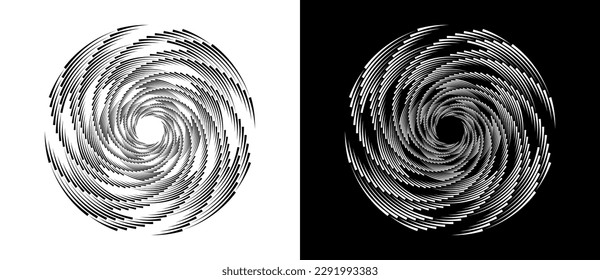 Círculo del fondo abstracto con líneas de velocidad dinámicas en espiral. Forma negra sobre un fondo blanco y la misma forma blanca sobre el lado negro.
