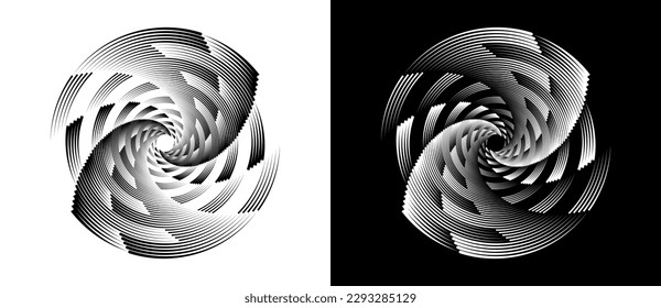 Circle abstract background  with dynamic speed lines in spiral. Black shape on a white background and the same white shape on the black side.