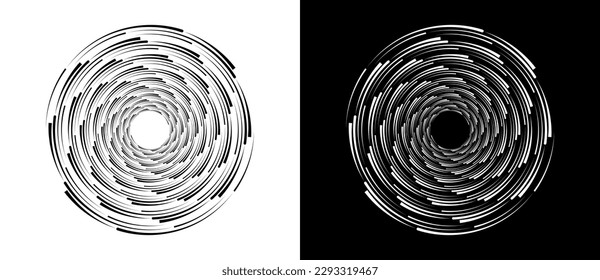 Circle abstract background  with dynamic speed lines in spiral. Black shape on a white background and the same white shape on the black side.