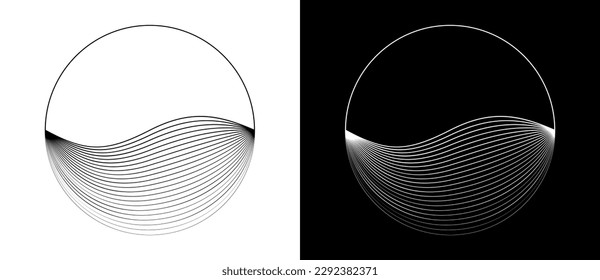 Circle abstract background  with dynamic waves lines. Black shape on a white background and the same white shape on the black side.