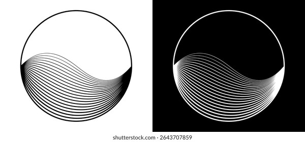 Circle abstract background with dynamic waves lines. Black shape on a white background and the same white shape on the black side.